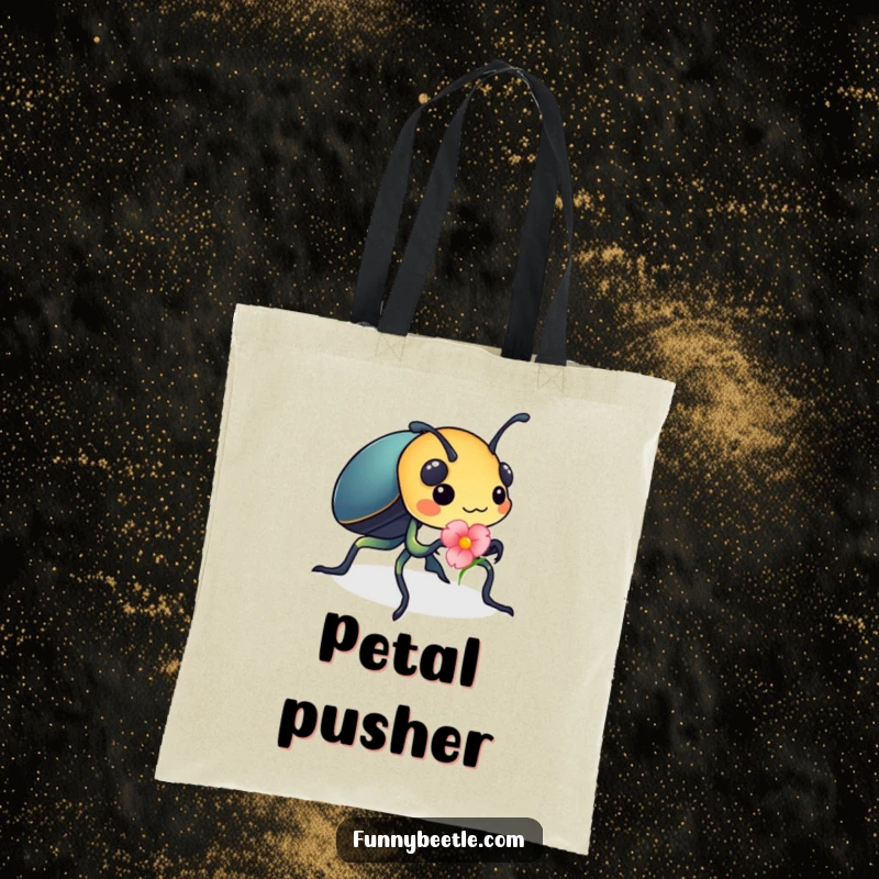 Funny tote bag showcasing a busy beetle carrying a tiny, bright flower petal, perfect for daily tasks with a touch of industrious charm.