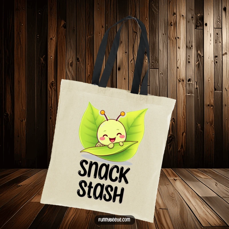 Funny tote bag with a cheerful caterpillar character munching on a green leaf, perfect for carrying essentials with a fun, food-loving vibe.
